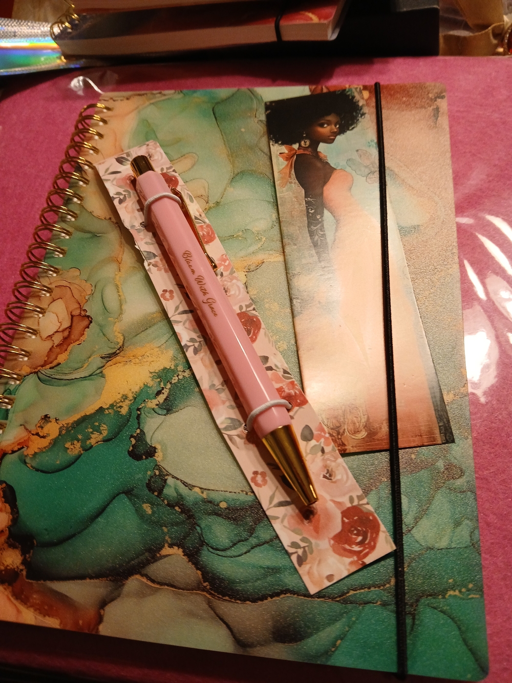 Pink Floral Gold-Accent Pen on Teal Floral Spiral Notebook